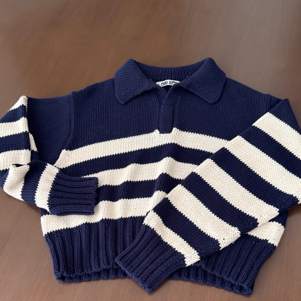Ciao Lucia cropped Navy and Cream Striped Sweater